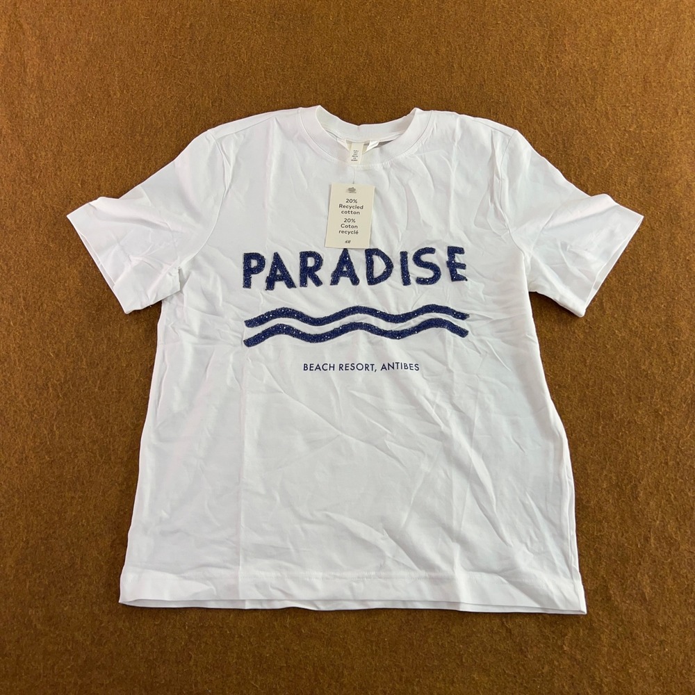 H&M Women Small White Paradise Beach Resort Antibes Graphic T-Shirt NWT